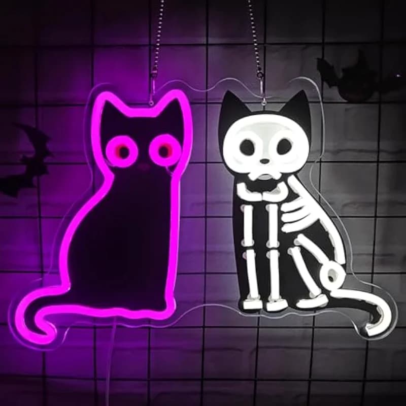 Insegna al neon con scheletro di gatto nero di Halloween per la decorazione della parete Insegna a led con gatto spettrale per porta finestra Bar Party Gothic Pet Wall Art