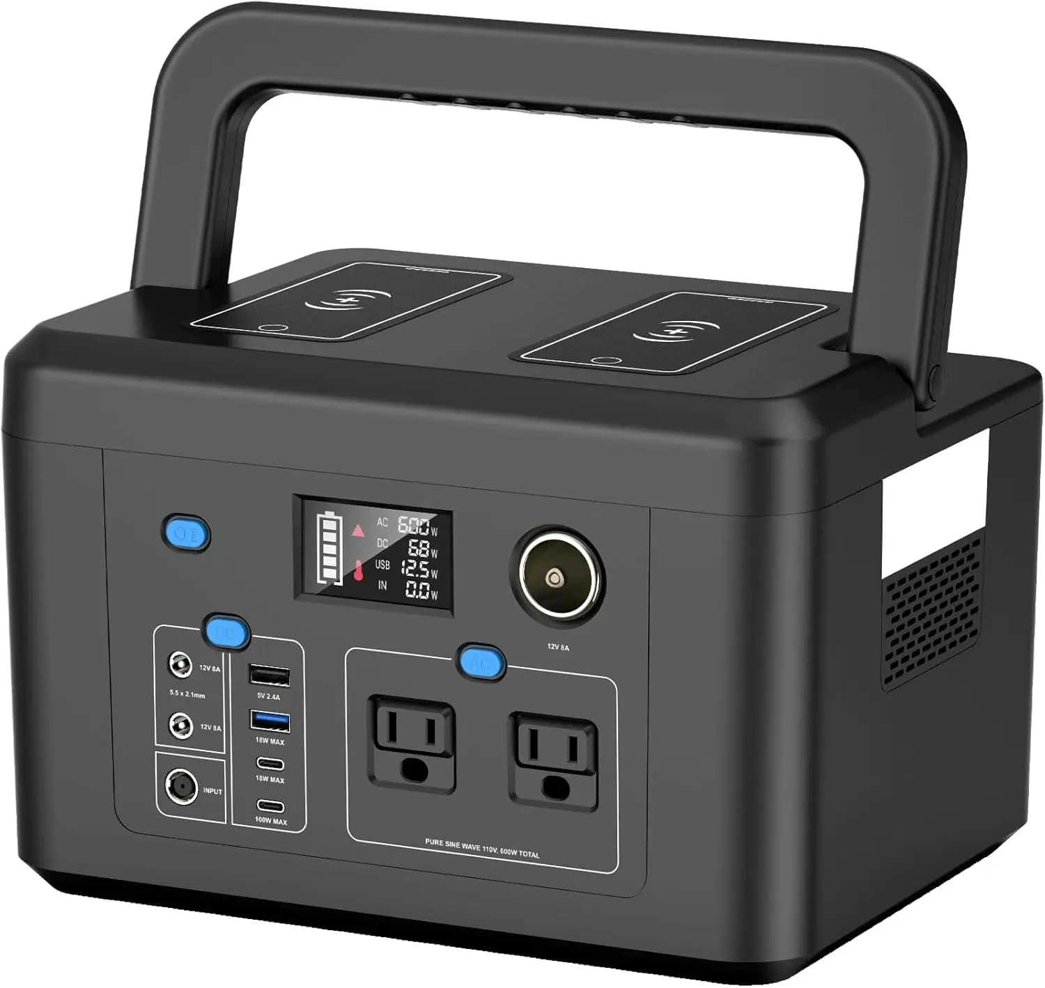Centrale Elettrica Portatile 600W, Batteria di Backup Powkey 296Wh con 2 Prese AC a Onda Sinusoidale Pura, USB-C PD100W e 2 Caricatori Wireless