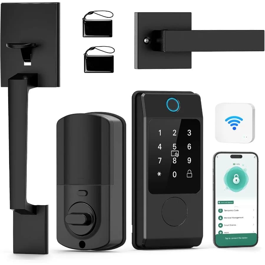 Set Serratura WiFi per Porta d'Ingresso con Maniglia, Ingresso Senza Chiave con Impronta Digitale e Tastiera Intelligente con Maniglie a Leva, Schermo Elettronico + WiFi per Cancello