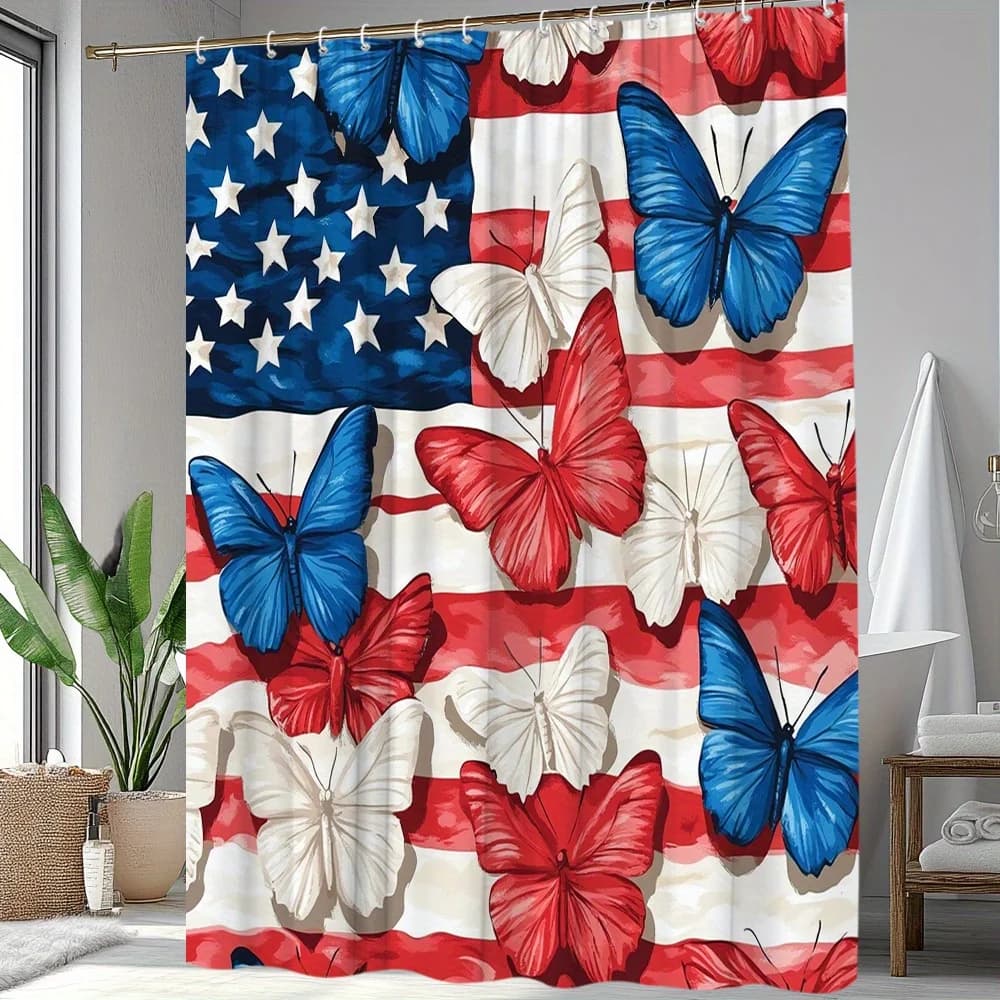 Tenda da doccia a farfalla per il Giorno dell'Indipendenza da 1 pezzo: bellissimo motivo a farfalla mescolato perfettamente con elementi della bandiera americana da cre