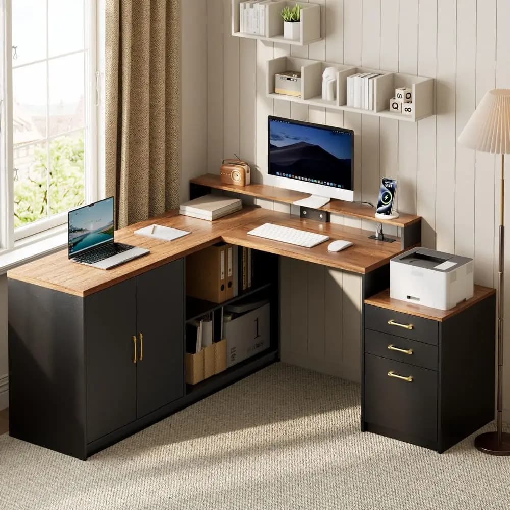 Scrivania a L con cassetti e armadietto portaoggetti, scrivania ergonomica da ufficio con supporto per monitor e presa di corrente, scrivania moderna per dirigenti