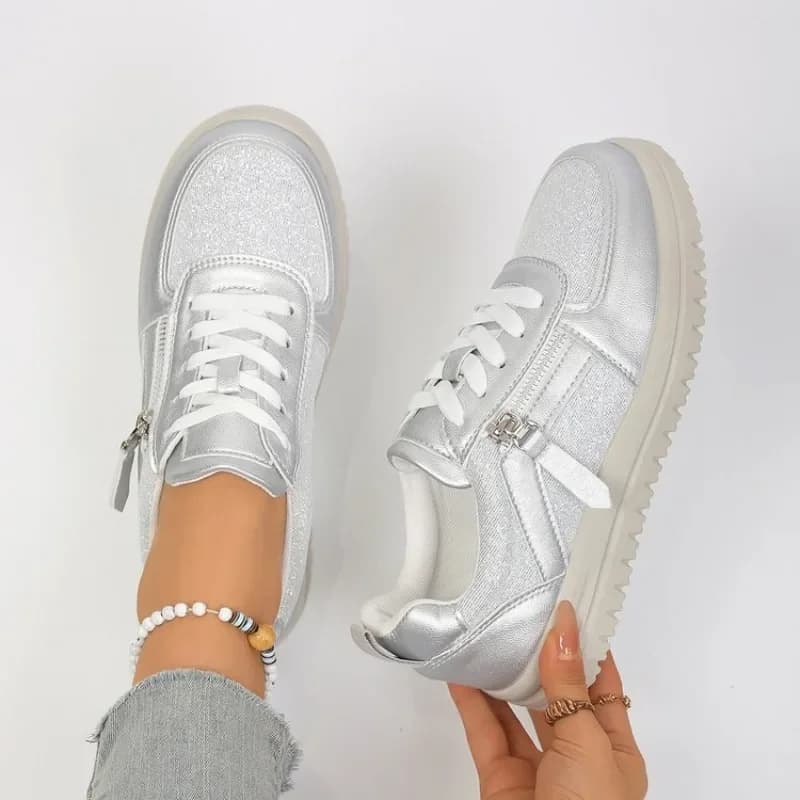 Sneakers casual da donna con plateau, glitter metallizzato, lacci e cerniera laterale, scarpe basse comode per tutti i giorni.