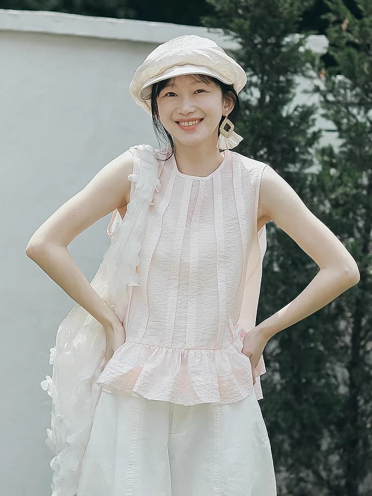 Ballet Style Summer New Pleated Bubble Cloud Top Sweet Japanese Style Slimming Pink Versatile Tank T-Shirt Women's Fashion
