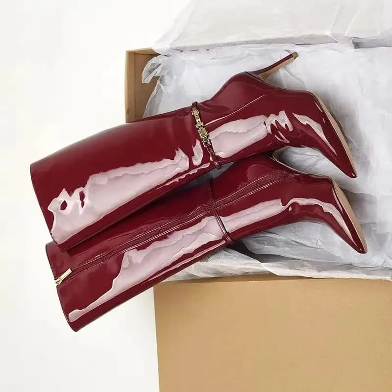 Women's Long Boots Leather Painted Bordeaux Red Wine, New, with Spilled Heel to Point, Buckle and Hinge, High-Top Model