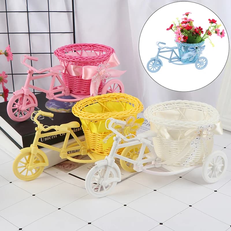 Piccolo triciclo bicicletta cesto di fiori vaso di stoccaggio casa tavolo scrivania Decor decorazione di nozze triciclo di plastica Design vaso di fiori