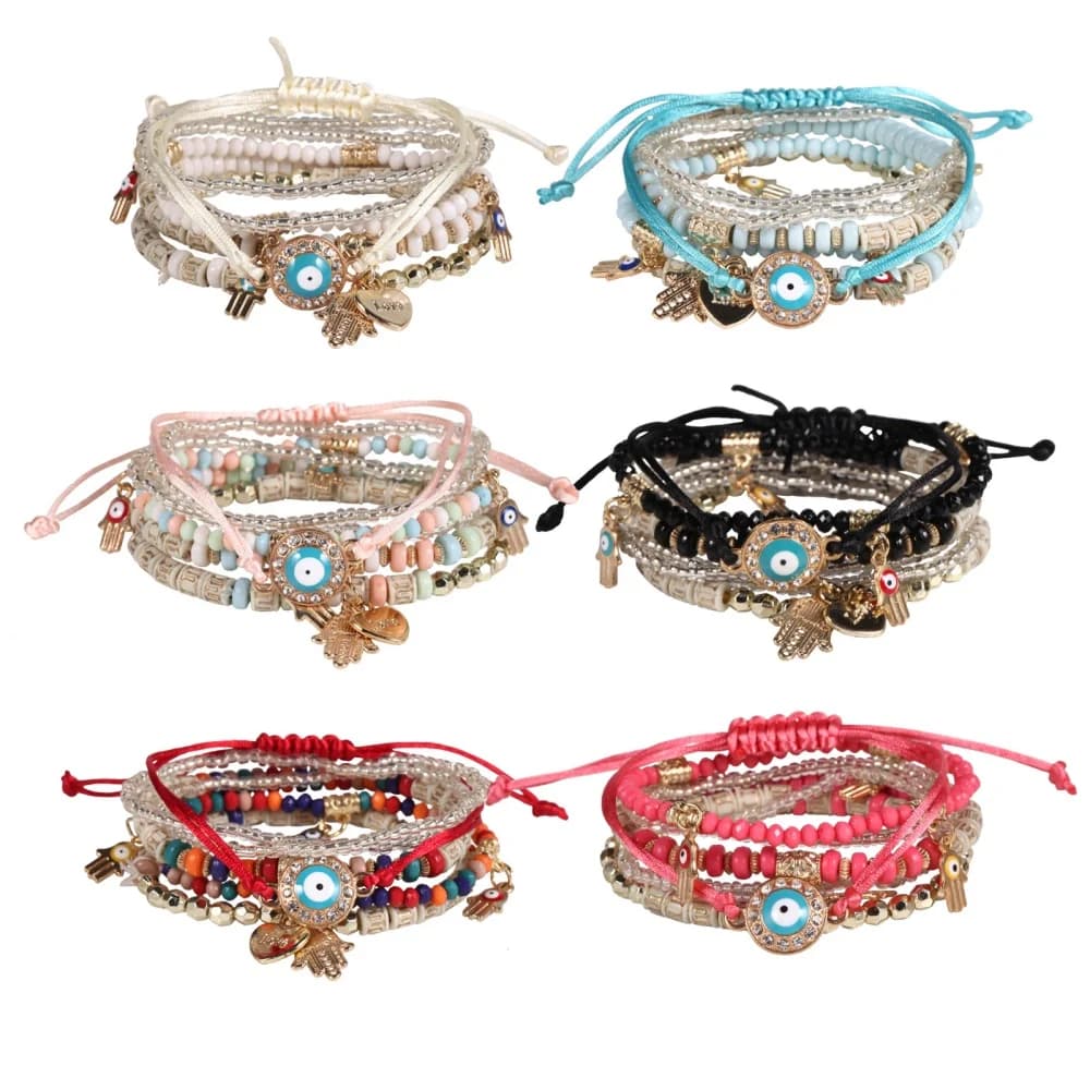 6Pcs/set Bohemian Evil Eye Bracelet Set For Women Fatima Hand Heart Charm Beaded Rope Chain Bangle Female Jewelry Gift