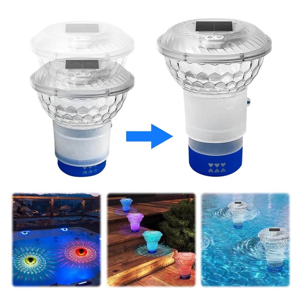 Dispenser di Cloro per Piscina a Energia Solare con Luci Colorate, Erogatore Regolabile per Piscina, Spa e Vasca Idromassaggio