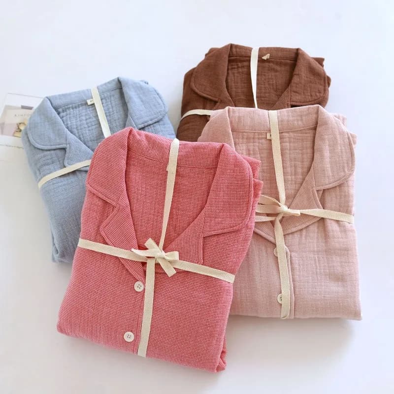 Women Yarn-Dyed Four Layer 100% Cotton Gauze Pajama Set Soft Long Sleeve Breathable Healing Color Long Sleeve Home Loungewear