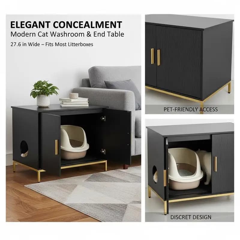 Mobiletto Nascosto per Gatti da 27,6 Pollici per Camera da Letto, Soggiorno, Bagno per Animali Domestici, Tavolino Laterale Stile Moderno, Arredamento Interno con Gambe di Supporto in Metallo e Maniglia Estraibile