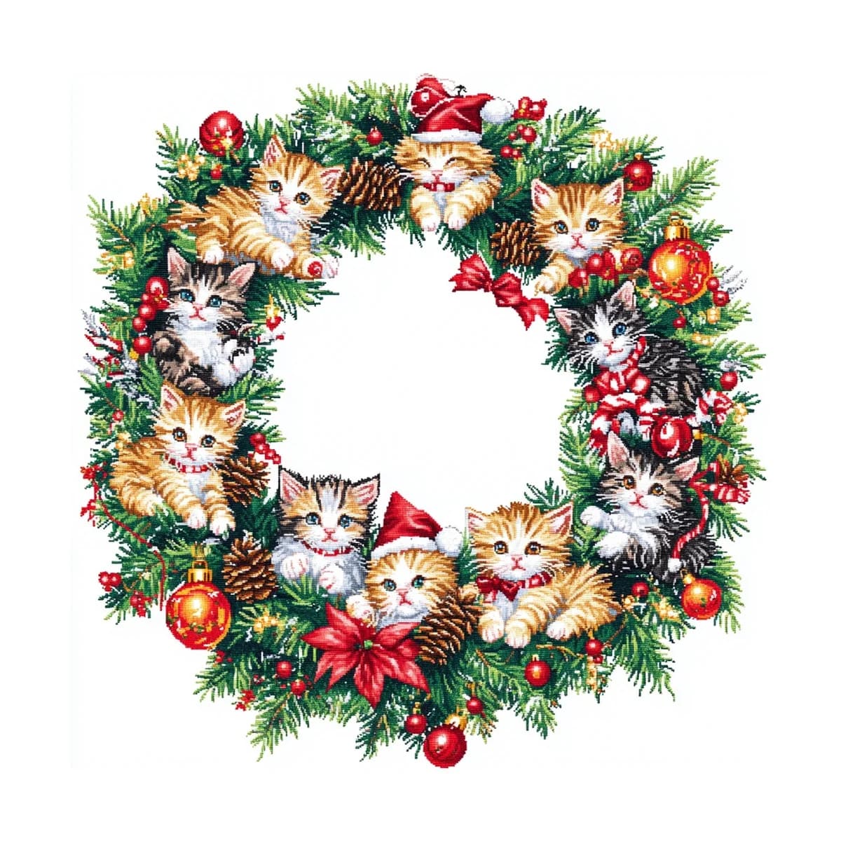 1PC 40X40CM/15.74in ,11Ct/14Ct Cross Stitch Kit Diy Valentine's Day Gift Embroidery Set For Festival,Christmas Kitten Wreath