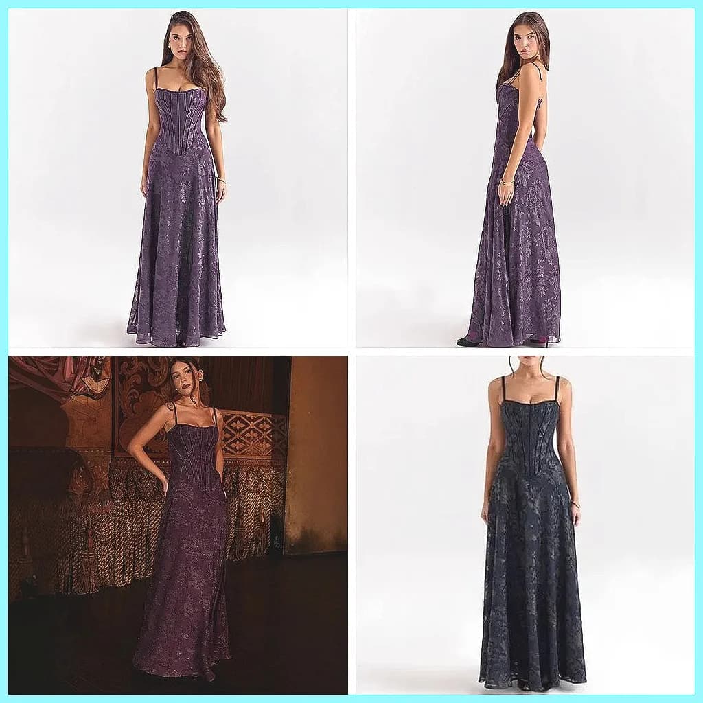 Long dance dress in sexy floral lace without back from woman, elegant evening dress for parties and club