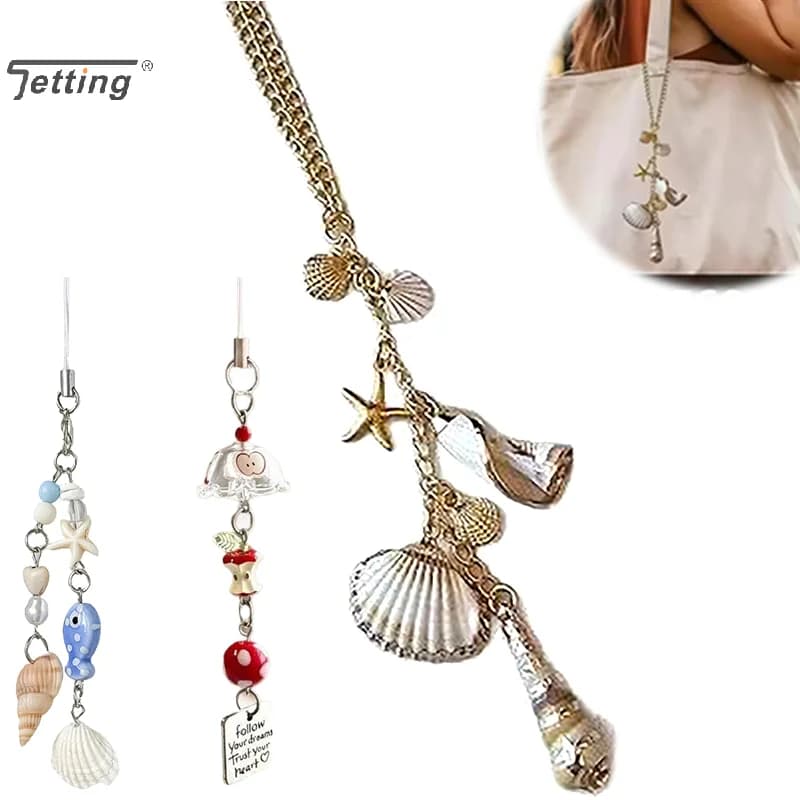 1Pcs Bohemian Beach Themed Pendant Sea Shell Bag Hanging Decor Hand-made Starfish Conch Coastal Rear View Mirror Ornament Charms