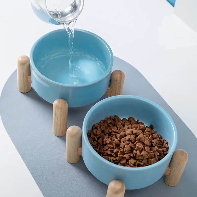Nuove Ciotole per Animali Domestici in Ceramica con Supporto in Legno, Ciotola Rialzata Anti-Rovesciamento per Cani e Gatti, Accessorio per l'Alimentazione di Cani e Gatti