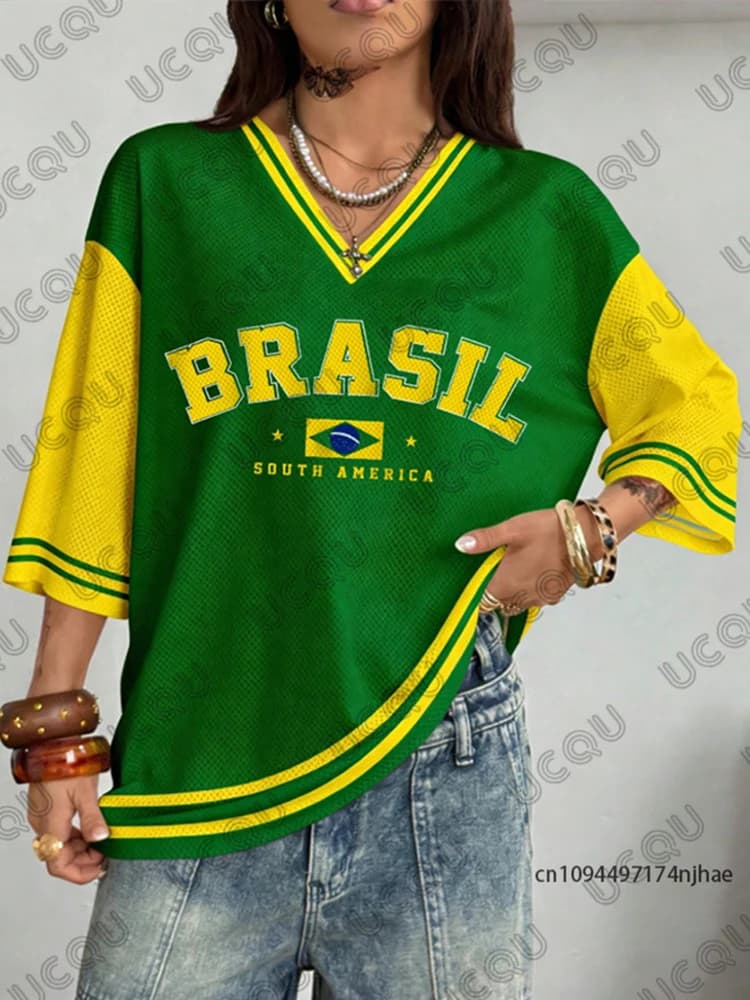 T-shirt Oversize da Donna con Scollo a V, Manica Corta, Stampa Brasiliana Estiva, Top Sportivo Patchwork, Maglia da Calcio Y2K, T-shirt Casual Larga