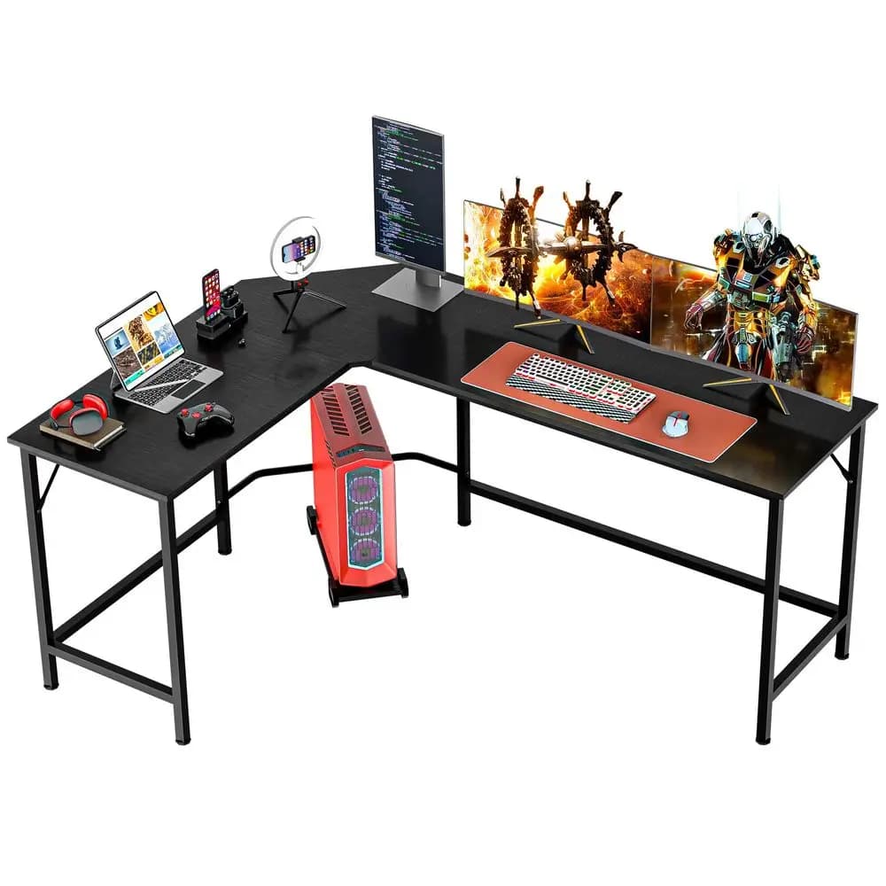 Scrivania da Gaming a L da 66 Pollici con Supporto CPU e Poggiapiedi, Tavolo da Studio per PC e Laptop, Postazione di Lavoro per Casa