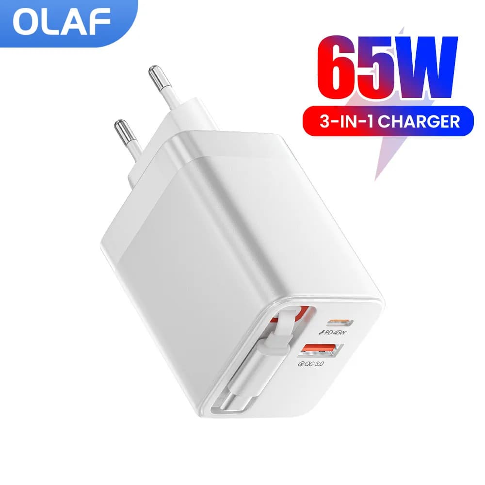 Caricatore USB C da 65 W con cavo retrattile Adattatore per caricabatterie per telefono a ricarica rapida di tipo C per iPhone Samsung Xiaomi Ricarica rapida