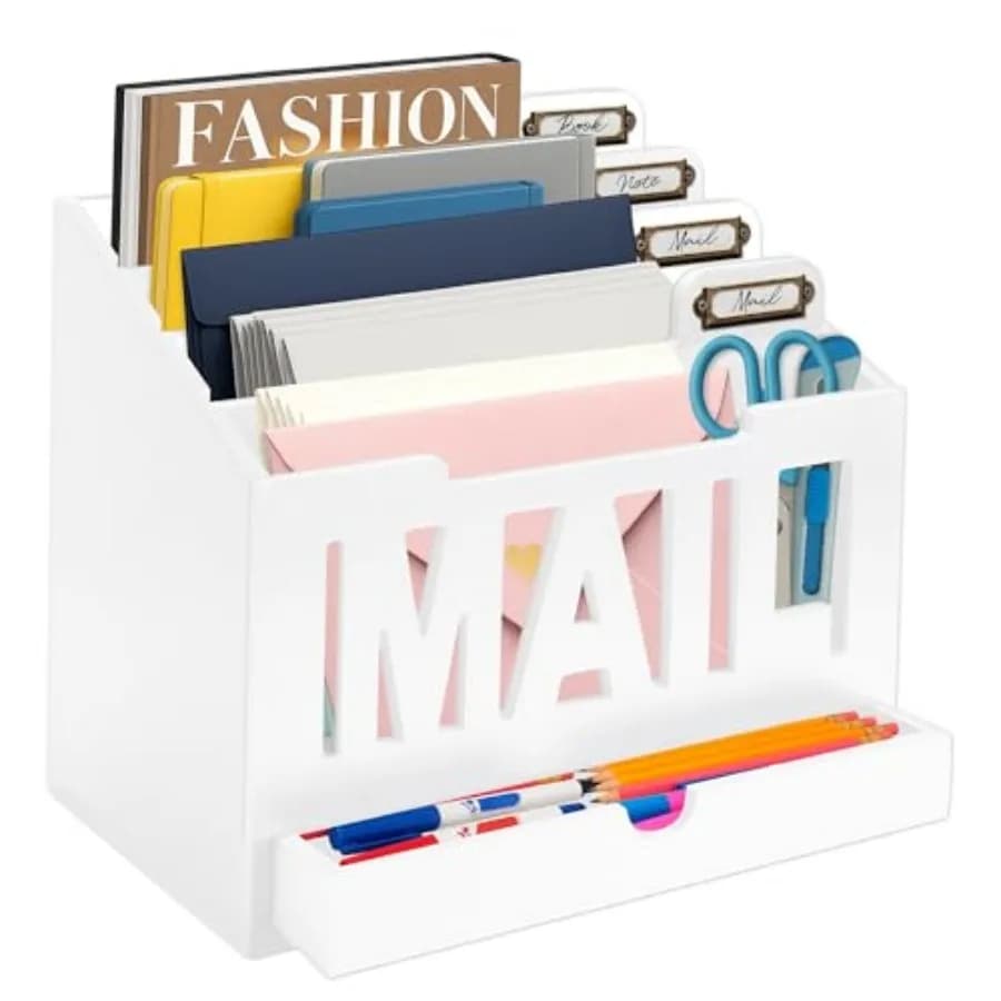 Organizzatore di posta da scrivania con 4 scomparti, cassetto e etichette, smistatore decorativo da scrivania, vassoio per buste per la casa