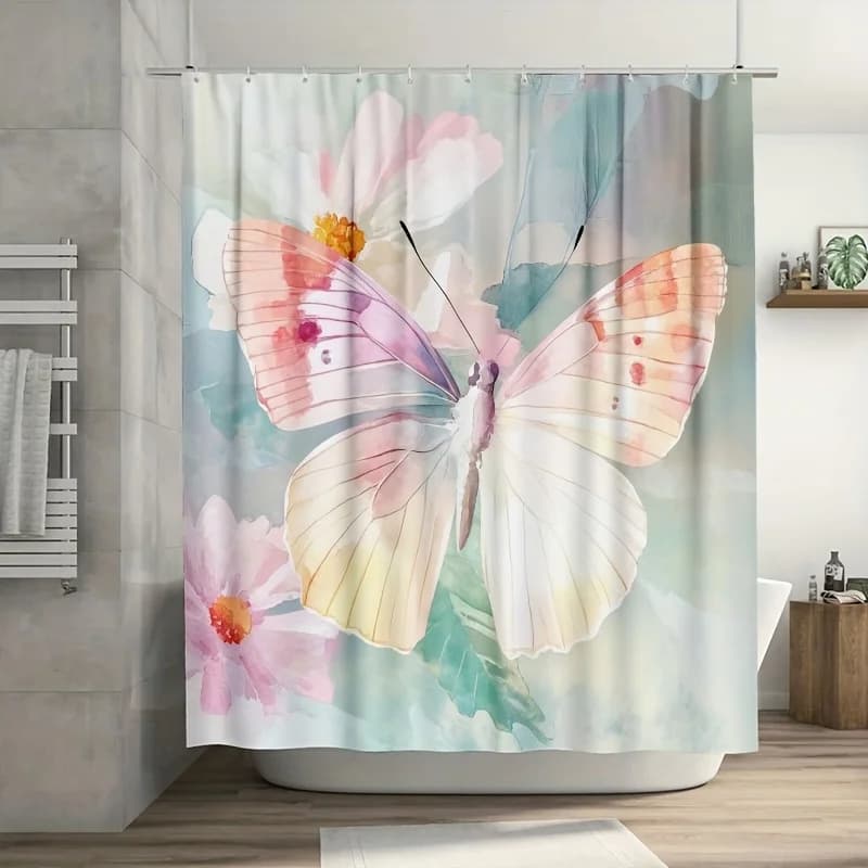 Morbida tenda da doccia con farfalla acquerello: delicate ali pastello, sfondo floreale da sogno, arredamento da bagno moderno