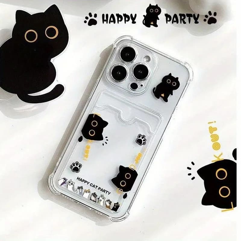 Creative Cat Card Holder Phone Case For iPhone 17 16 15 14 13 12 11 Pro Max XS X XR 7 8 Plus Transparent Shockproof Bumper Cover
