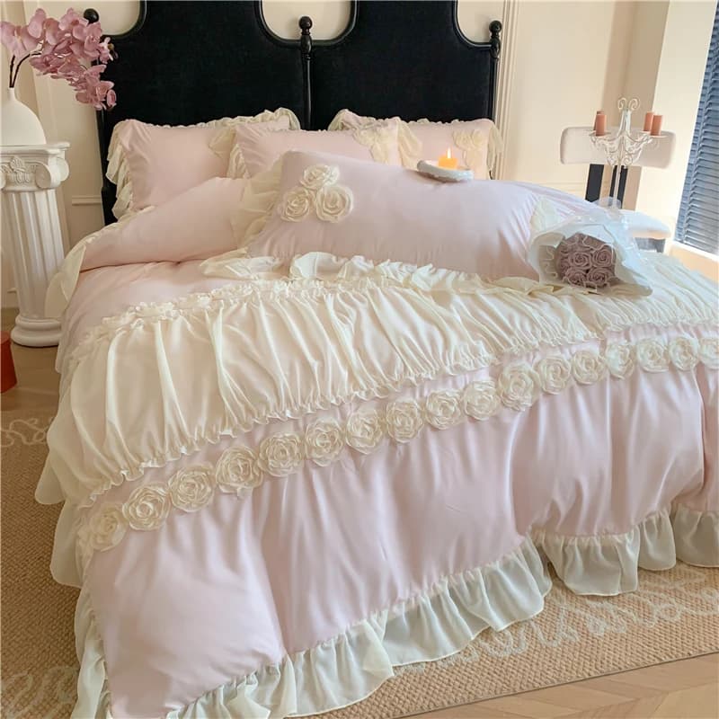 3/4 pezzi rosa principessa coreana stile pizzo volant set biancheria da letto singola regina copripiumino gonna letto/senzuolo/fodera federe