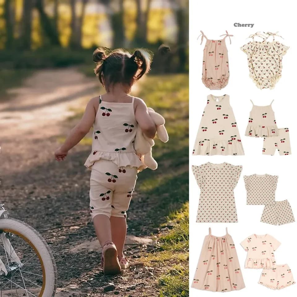 2026 KS Abiti a Bretelle con Stampa Ciliegie per Bambine, Abbigliamento per Bambini, Set 2 Pezzi T-shirt + Pantaloncini per Bambine Piccole, Body e Tutine per Bambini