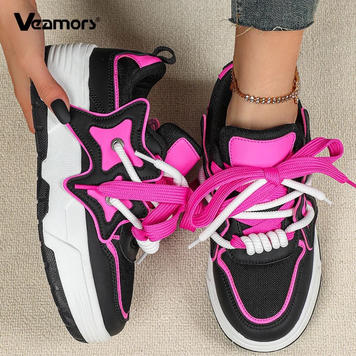 Trendy Platform Sneakers Women Chunky Shoes Non-slip Height-increasing Footwear Breathable Trainers for Walking Traveling