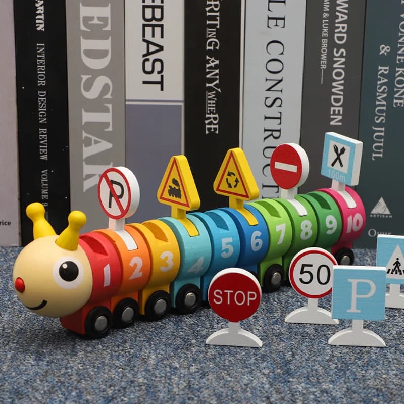 Set di treni Caterpillar in legno colorato con segnali stradali numerici, giocattolo stradale cognitivo con numeri di colore, giocattolo educativo come regalo