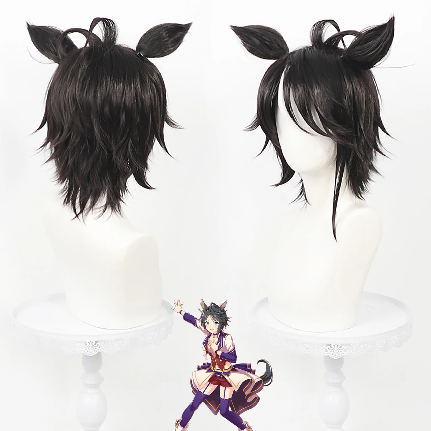 Fuji Kiseki Uma Musume Cos Wig Black Layered Short Hair Heat‑Resistant Wig Horse Ears Clip‑on Ponytail Cosplay Party