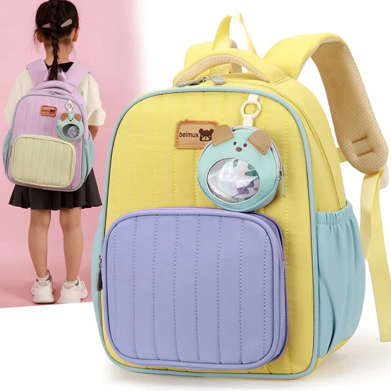 Versione coreana dello zaino per la scuola materna in stile college con colori contrastanti e trapuntatura per studenti delle scuole elementari