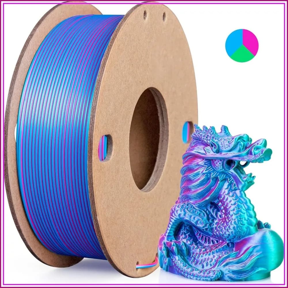 Tri-Color Silk PLA Filament 1.75mm, 3-in-1 Coextruded Shiny Multicolor 3D Printer Filament, 250g Spool, Rose Red/Sky Blue/Green, Clog-Free & Bubble-Free for FDM 3D Printers