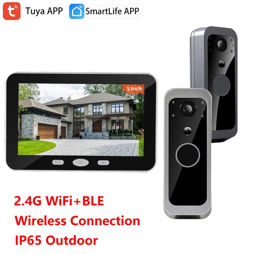 Campanello Video WiFi Tuya Smart Life 3MP, Sistema di Interfono Wireless 100% a Batteria, Telecamera Esterna PIR con Monitor Portatile da 5 Pollici