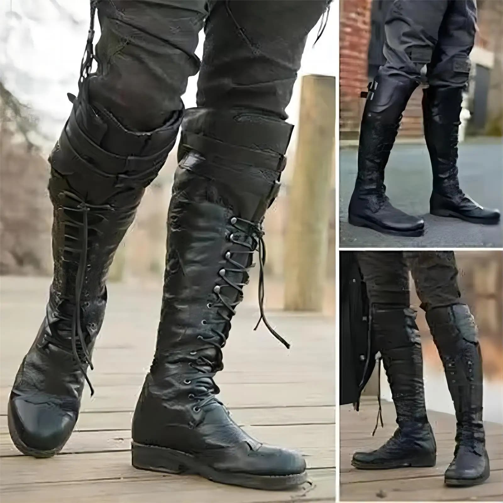 Vintage medievale Steampunk Cosplay stivali neri uomo inverno vichingo pirata scarpe in pelle Pu festa di carnevale fantasia stivali da cavaliere