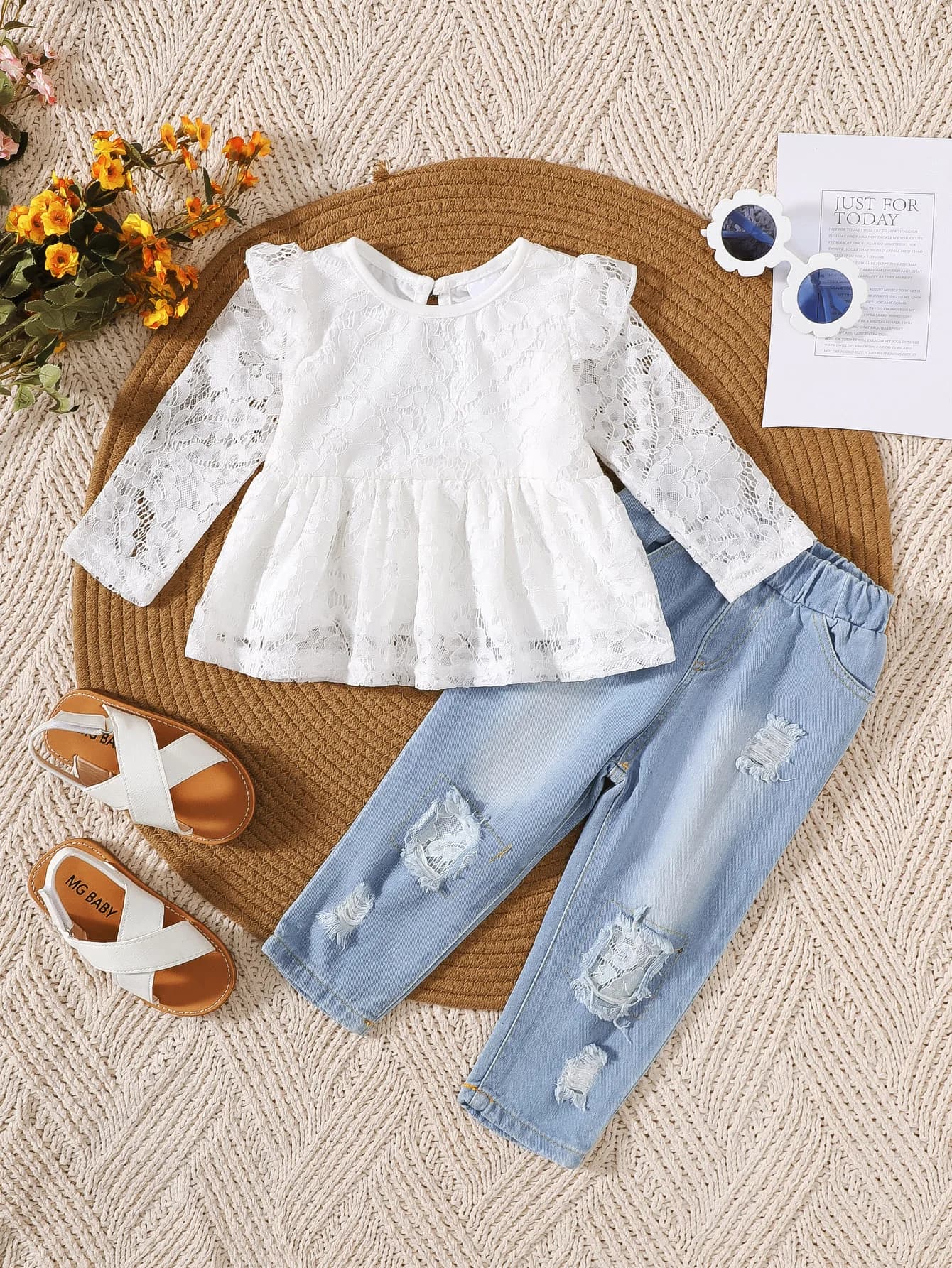 Set camicia e jeans a maniche lunghe in pizzo bianco da ragazza, set due pezzi