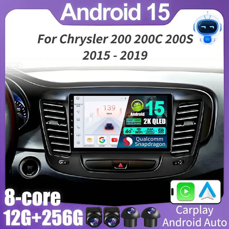 Per Chrysler 200 200C 200S 2015 - 2019 Autoradio Android 15 Stereo Multimediale Navigazione Carplay WIFI 4G Schermo QLED 2K DVD