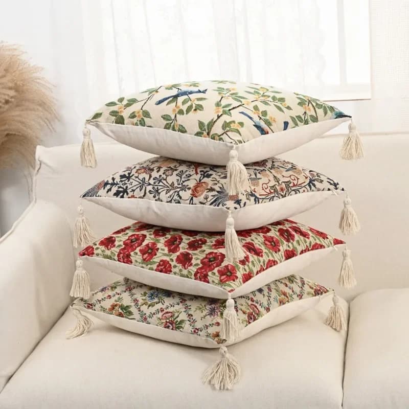 Retro European Style Cotton Linen Flower Cushion Pillowcase Living Room Sofa Backrest High Precision Jacquard Cushion Cover