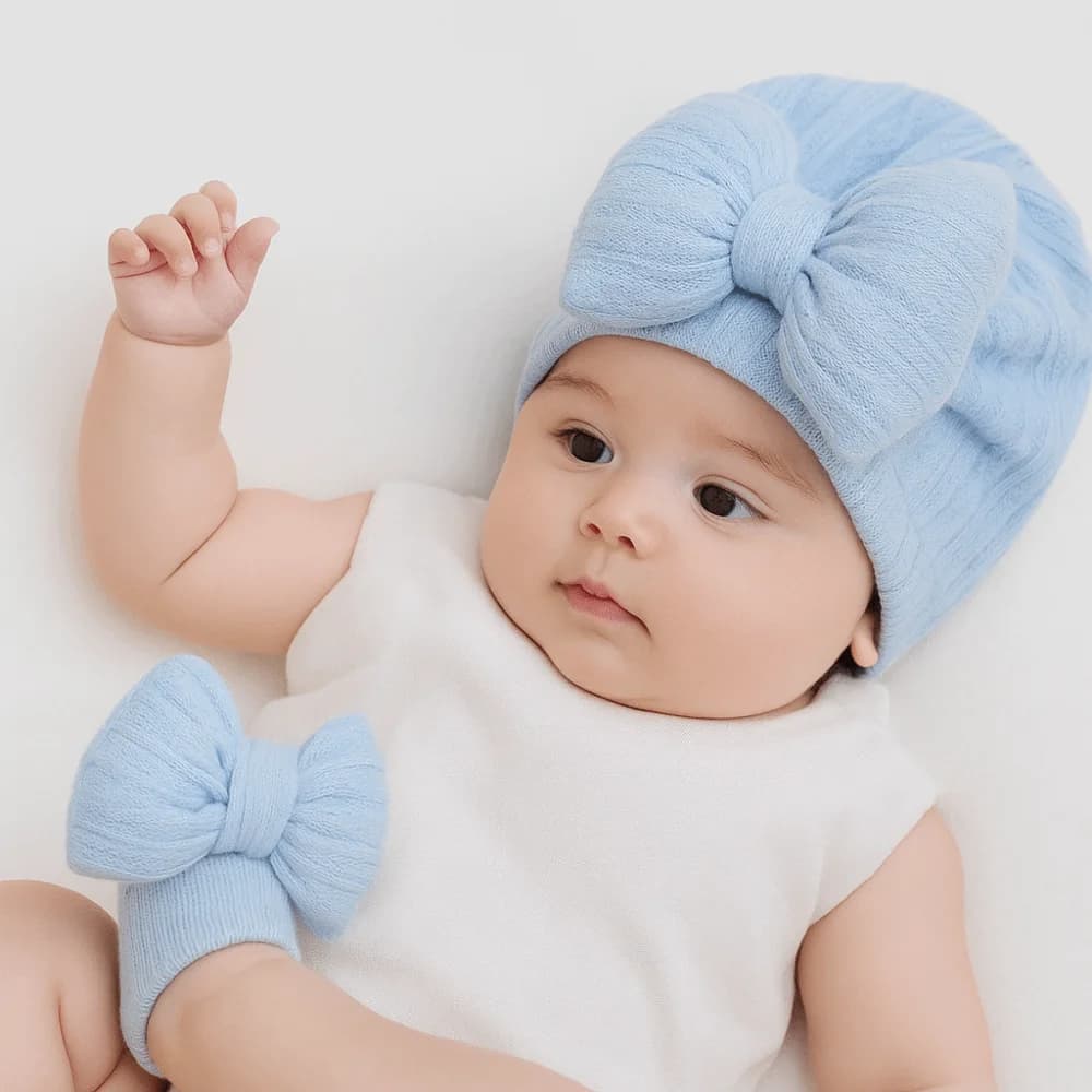 Cotton Knit Baby Hat Socks Set Big Bowknot Elastic Baby Bow Fetal Cap 0-12 Months Warm Newborn Turban Hat Home/Outdoor