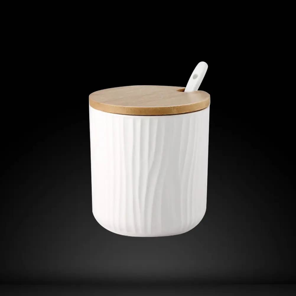 Set di Barattoli in Ceramica per Spezie, Contenitori Rotondi per Alimenti con Coperchi in Legno Rimovibili e Cucchiai Abbinati per Condimenti da Cucina