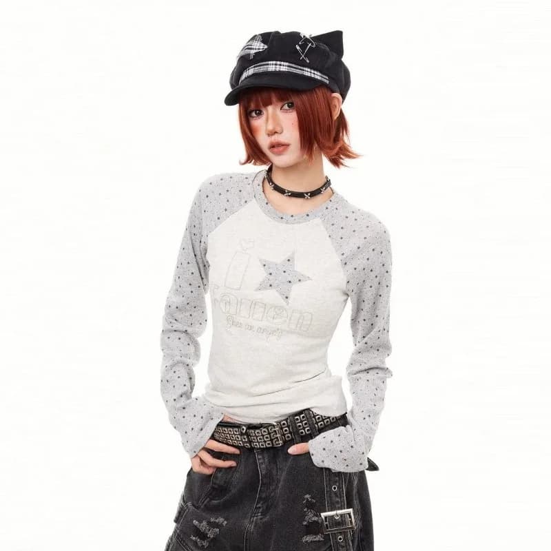 Women Y2K Star Print Raglan Long Sleeve T Shirt Spring Autumn Slim Fit Thin Layering Top For Hot Girl M 4XL