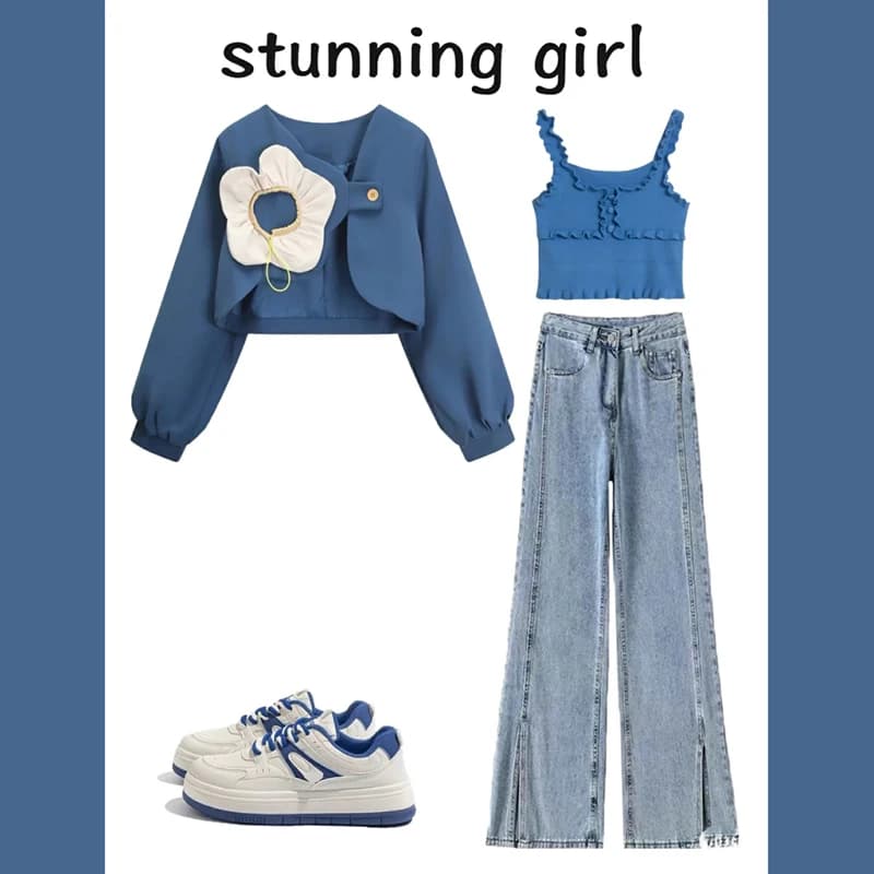 Set Tre Pezzi Moda Autunnale per Donna: Top a Maniche Lunghe, Jeans con Cinturino, Nuovo 2024, Outfit Elegante e Casual, Uniforme da Lavoro per Studentesse