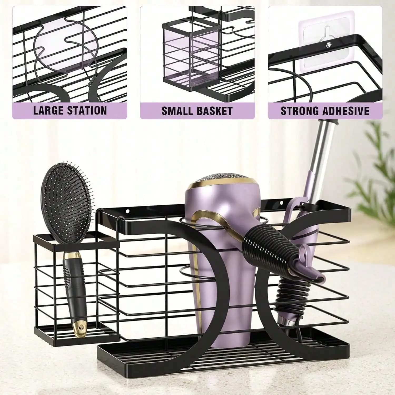 Organizzatore per strumenti per capelli, portaoggetti da parete/piano di lavoro per asciugacapelli, ferro arricciacapelli, pettine, organizer da bagno