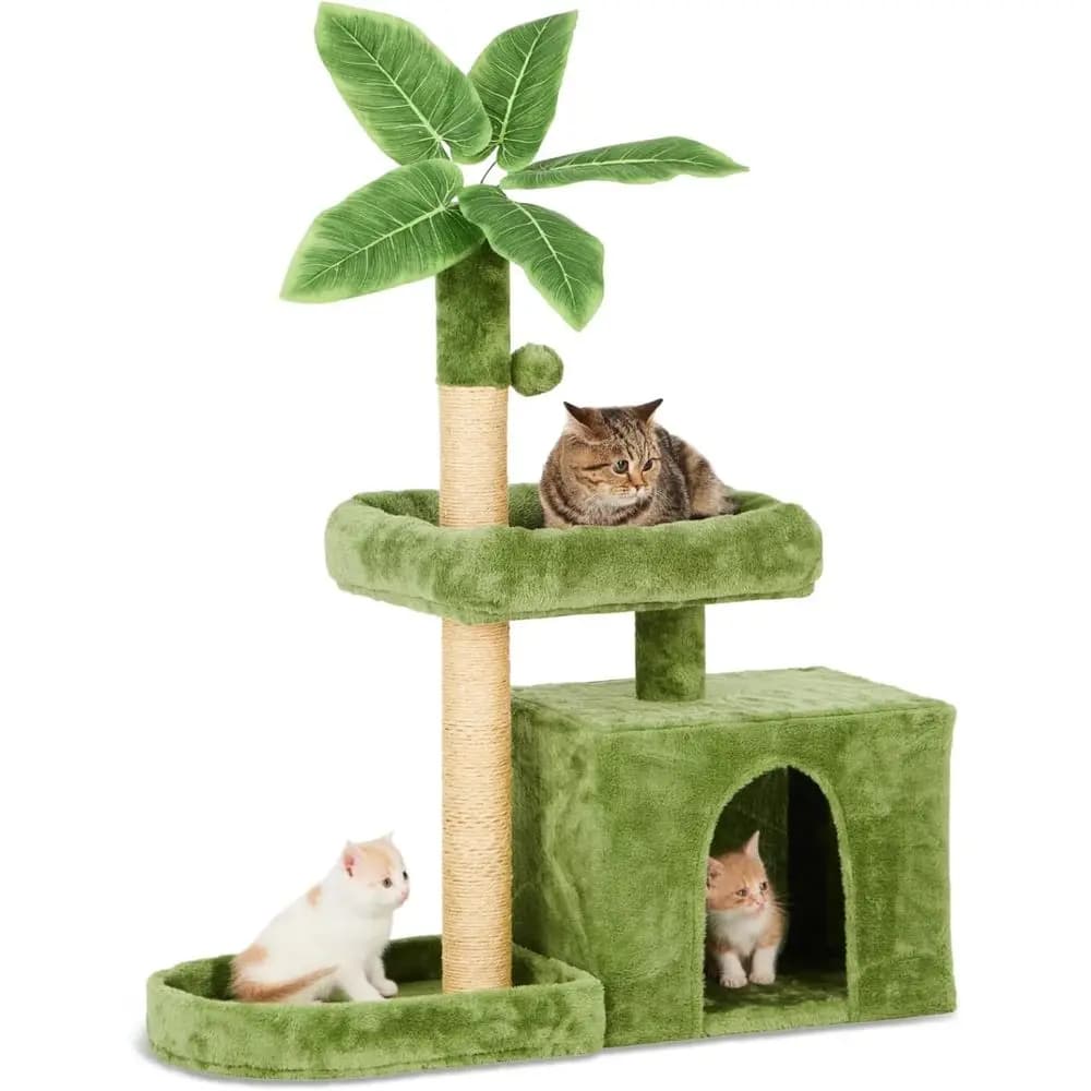 Tiragraffi per Gatti a Forma di Foglia Verde con Aree Morbide e Accoglienti, Palla Sospesa e Design a Foglia per Tirare e Giocare