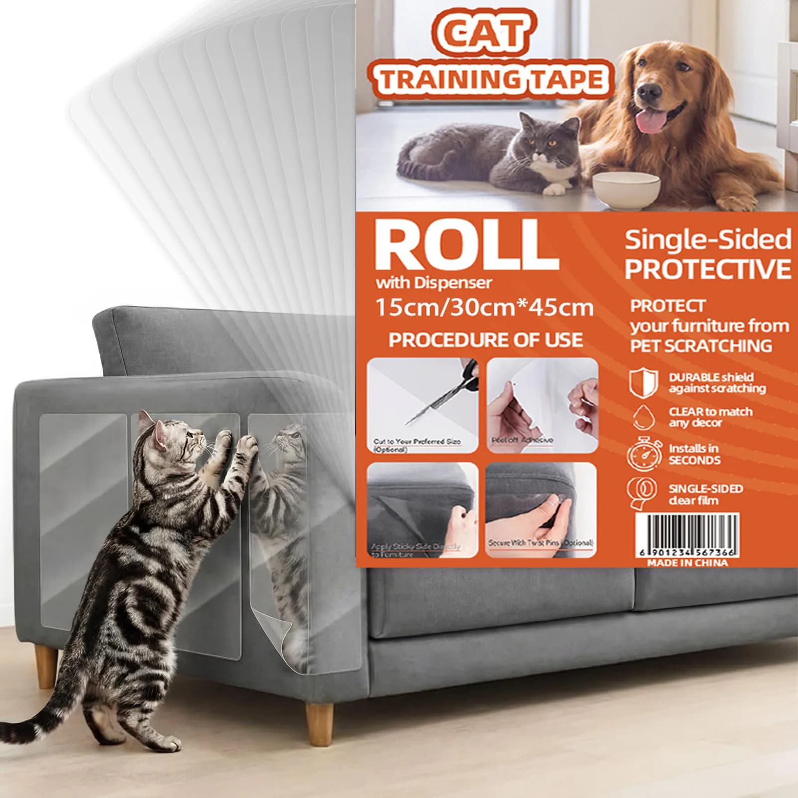 10PCS Cat Scratch Furniture Protector Thick Vinyl Couch Protector Clear Self-Adhesive Cat Tape for Furniture Sofa Door Walls