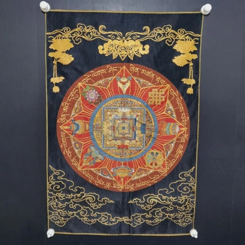 Kalachakra Mandala Thangka Brocade Tapestry Tibetan Buddhism Eight Auspicious Symbols Wall Hanging Shrine Decor