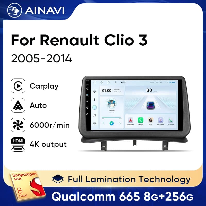 Ainavi Wireless CarPlay Per Renault Clio 3 Radio 2005 2006 2007 2009 2011 2012 2013 2014 Auto Multimedia Android Auto Audio 2 Din