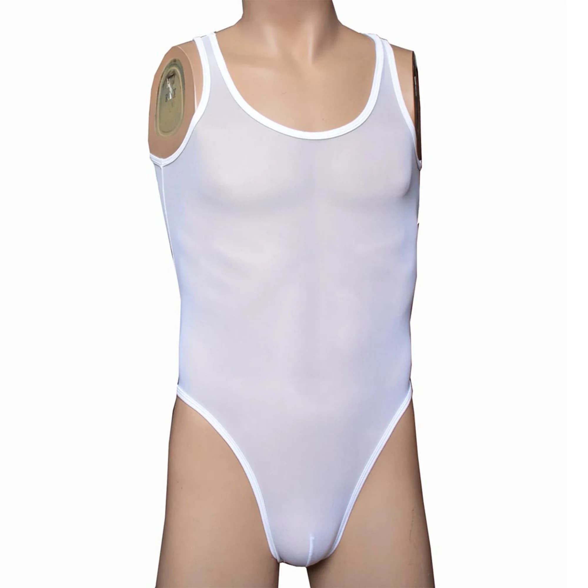Men's Sheer Sleeveless Slim Pajamas Bodysuits Solid Color Undershirts One-pieces Mesh Comfortable Breathable Jumpsuits Underwear
