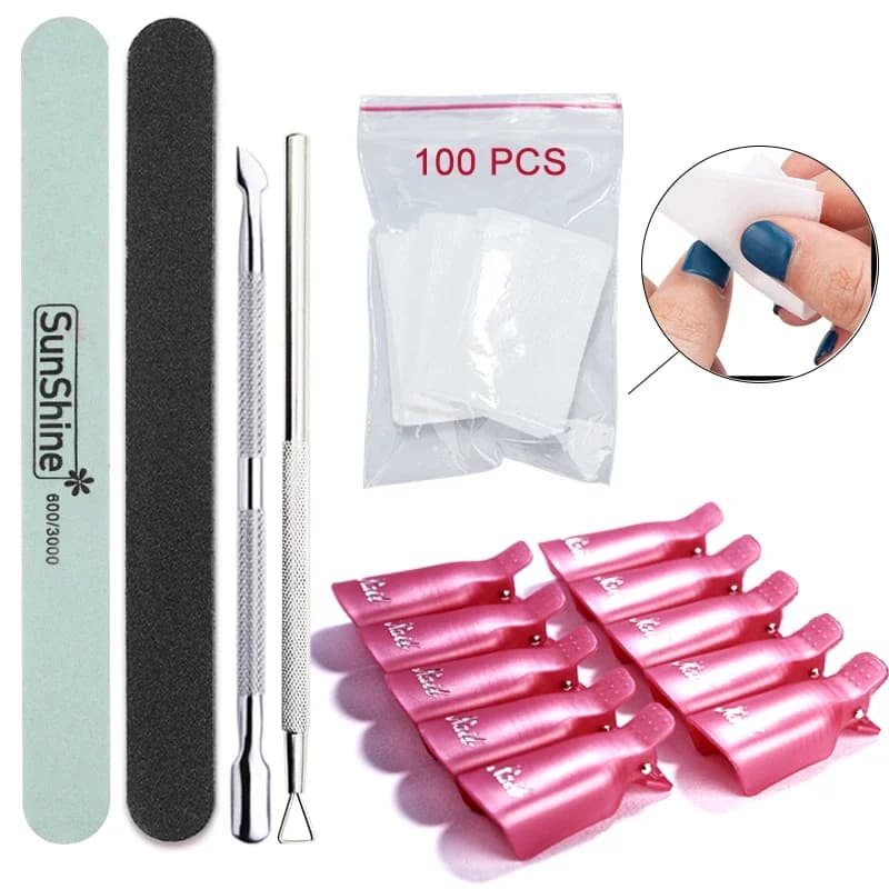 Soak Off Cuticle Pusher Manicure Nail Polish Remover Tool Kit For Dip Powder Fingernail Toenail Salon Clip Pad Brush File Set