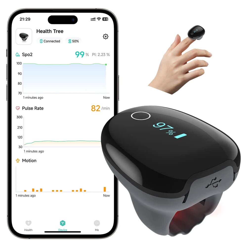 HealthTree O2 Pulsossimeter Ring Obsimeter Ring Cardiofrequencymeter Monitor for Night Blood Oxygen Meter SpO2 Bluetooth