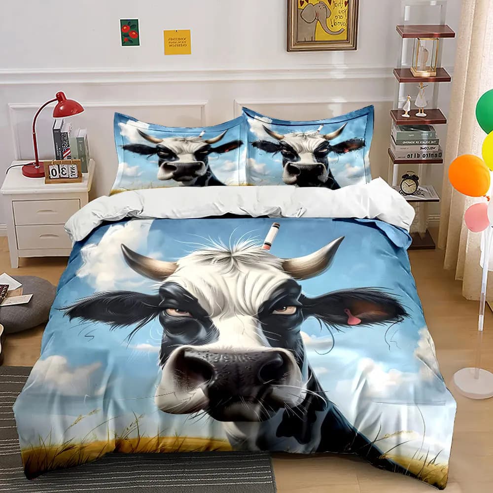 Close-up of black-white cow head adorned Duvet Cover Set with 3D Printing Design Soft Polyester Bedding Set All-Season Comfort