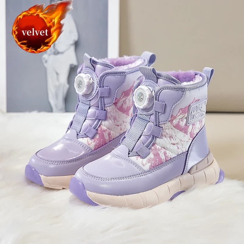 Stivali da neve invernali viola di tendenza 2026 per bambini e bambine, con fibbia rotante, scarpe alte in cotone per bambini, calde e foderate in peluche, per esterni