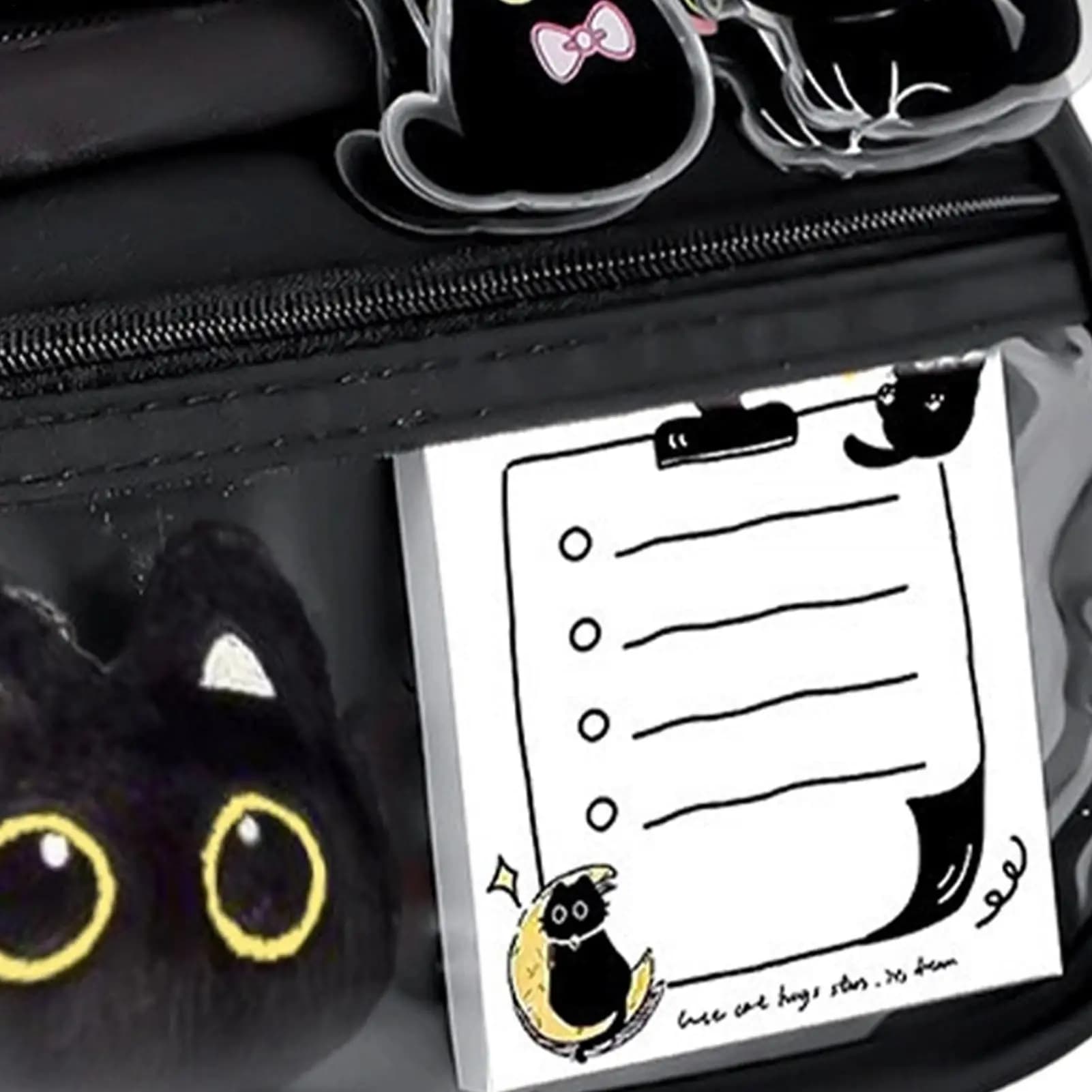 Cat Stationery Set Black Cartoon Large Capacity Organizer With Keychain Pencil Case Set For Erasers Rulers Small Items Notes